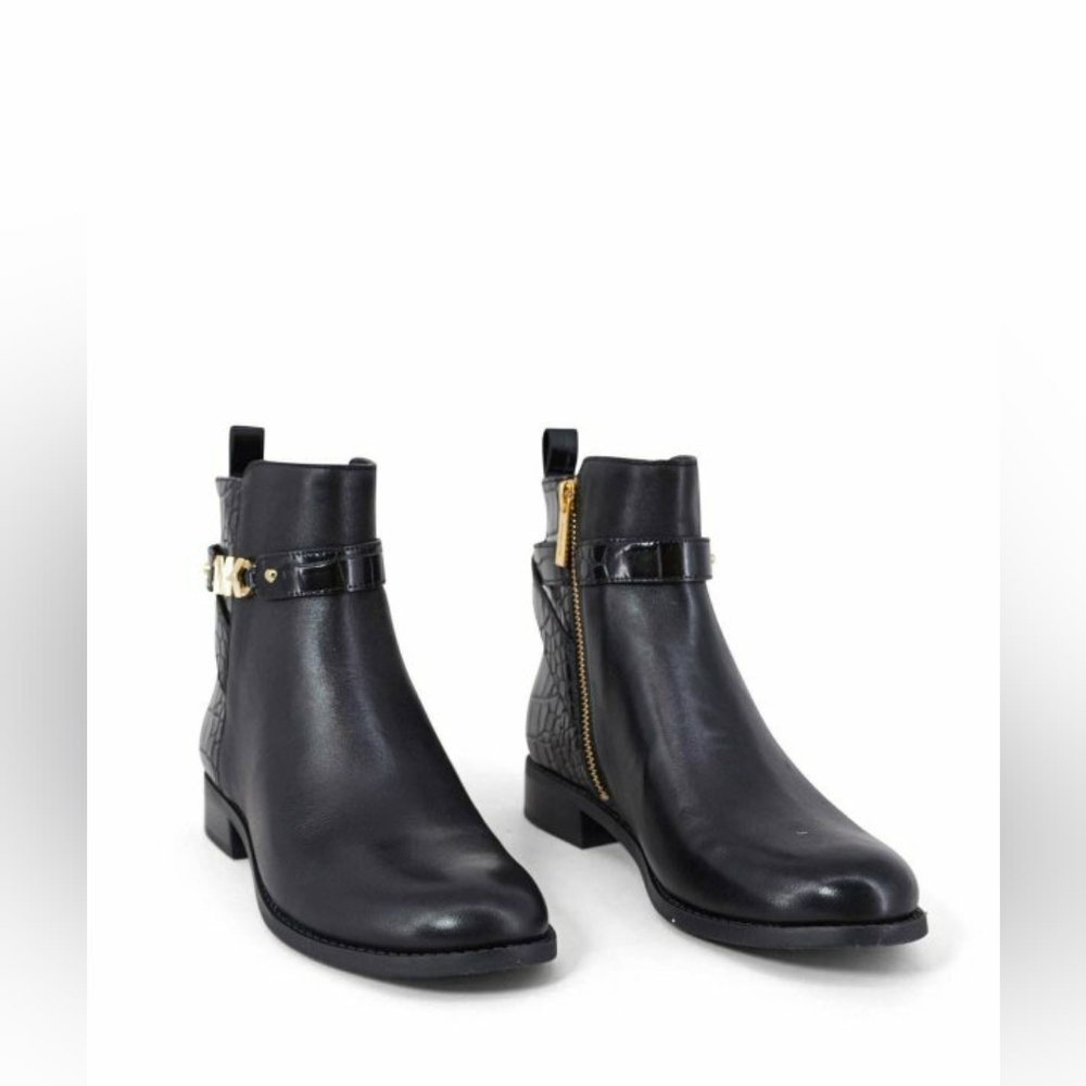 Michael Kors MK Farrah Flat Black Gold Leather Ankle Riding Boots Size 9 - Picture 2 of 7